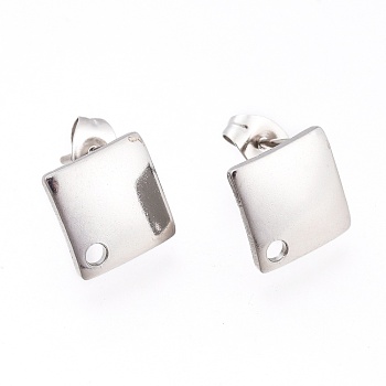 201 Stainless Steel Stud Earring Findings, with Ear Nuts and 304 Stainless Steel Pin, Rhombus, Stainless Steel Color, 13.5x13.5mm, Hole: 1.6mm, Pin: 0.8mm
