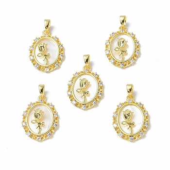 Shell Pendants, with Brass Micro Pave Cubic Zirconia Findings, Oval with Rose Charm for Valentine's Day, 21x15.5x6mm, Hole: 5x2.5mm