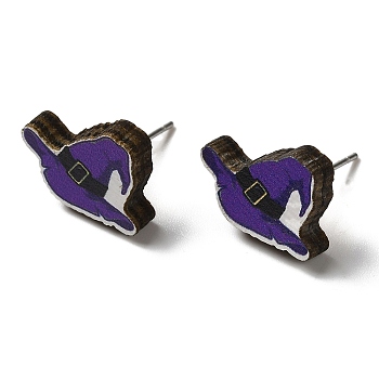 Wood Stud Earrings, with 316 Surgical Stainless Steel Pin, Halloween Theme, Indigo, Hat, 11x16mm