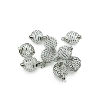 Carbon Steel Spiral Bead Cage Pendants, Hollow Spring Ball Charms, Platinum, 32x20mm