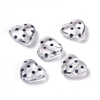 Transparent Acrylic Beads, Heart with Polka Dot Pattern, Clear, Black, 15.5x17.5x6mm, Hole: 1.7mm