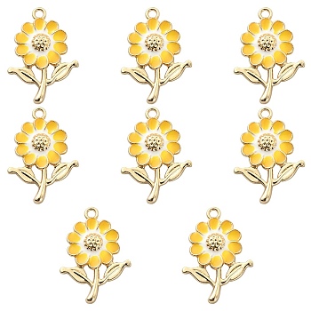 8Pcs Alloy Enamel Pendants, Golden, Sunflower, Yellow, 27x19x3.5mm, Hole: 1.8mm