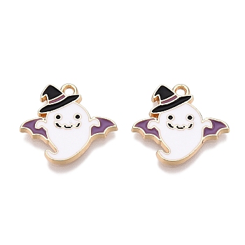 Halloween Theme Rack Plating Alloy Enamel Pendants, Golden, Ghost with Hat Charm, White, 17x19x1.5mm, Hole: 1.6mm