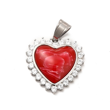 304 Stainless Steel Pendants, with Crystal Rhinestone and Red Plastic, Heart Charms, Stainless Steel Color, 25x24.5x5.5mm, Hole: 8x5mm