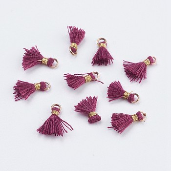 Nylon Tassels Pendant Decorations, Mini Tassel, with Golden Tone Iron Findings, Fuchsia, 10.5~14.5x2.5~3mm, Hole: 2mm