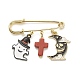 Halloween Ghost & Skull Moon Alloy Enamel Charm Safety Pin with Synthetic Turquoise Cross(JEWB-BR00069-03)-1