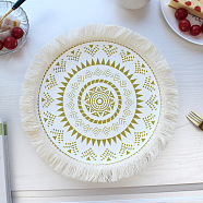 Bohemia Polyester Coaster Mats, Tassel Hot Pads, for Cooking Baking, Flat Round with Flower Pattern, Olive, 320mm(PW22062930182)