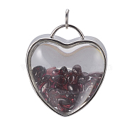 Natural Garnet Chips Pendants, with Platinum Tone Brass Glass Findings, Heart, 37x32x18~18.5mm, Hole: 6mm(G-A176-B01)