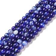 Natural Striped Agate/Banded Agate Beads Strands, Dyed & Heated, Round, Medium Blue, 10mm, Hole: 1.2mm, about 37pcs/strand, 14.65 inch(37.2cm)(G-G582-10mm-64)