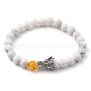 Men's Natural Howlite Stretch Beaded Bracelets, with Resin Imitation Amber Beads and Dragon Head Alloy Beads, Antique Silver, Inner Diameter: 2-1/8 inch(5.5cm)(BJEW-JB05429-01)