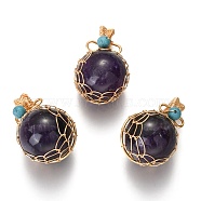 Natural Amethyst & Turquoise Pendants, with Golden Brass Findings, Round, 26.5~28x17~17.5x16.5mm, Hole: 3~5X2.5~3.5mm(G-B001-02G-P)