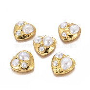 Natural Cultured Freshwater Pearl Pendants, with Brass Findings, Heart, Golden, 28x26x9~11mm, Hole: 1.8mm(PEAR-K007-A01)