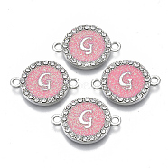 Alloy Enamel Links Connectors, with Crystal Rhinestones, Flat Round with Letter, Silver Color Plated, Letter.G, 22x16x2mm, Hole: 1.8mm(ENAM-TAC0003-01S-03G)
