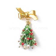 Christmas Theme Glass Beaded Tree Brooch, Golden Brass Bowknot Lapel Pin for Backpack Clothes, Colorful, 49mm(JEWB-TA00009)