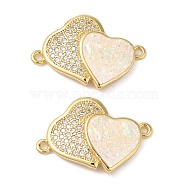 Rack Plating Brass Micro Pave Clear Cubic Zirconia Connector Charms, Double Heart Links with Synthetic Opal, Real 18K Gold Plated, Cadmium Free & Lead Free, Long-Lasting Plated, White, 15.5x23x2mm, Hole: 1.2mm(KK-P268-20G-02)