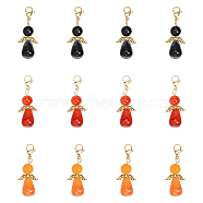 12Pcs 3 Styles Natural Agate Alloy Pendant Decorations, Dyed Natural Carnelian & Crackle Agate & Striped Agate & Fire Crackle Agate, with Swivel Lobster Claw Clasps, Angel with Wing, Golden, 40mm, Pendant: 29.5x15.5x10mm, 4pcs/style(HJEW-CA0001-31)