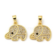Real 18K Gold Plated Rack Plating Brass Micro Pave Cubic Zirconia Pendants, Long-Lasting Plated, Lead Free & Cadmium Free, Elephant, Clear, 13.5x15x1.5mm, Hole: 5x2.5mm(KK-R153-02G)