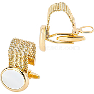 Brass Chain Cuffs Cufflinks, with White Shell, Cuff Buttons, Oval, Golden, 73x16x1mm(FIND-BC0002-95)