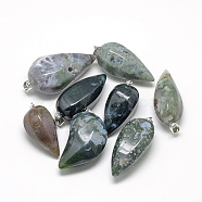 Natural Moss Agate Pendants, with Iron Clasps, Cone Pendulum, 38~70x14~32x12~24mm, Hole: 4mm(G-S250-36)