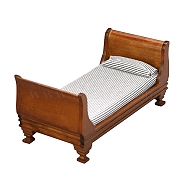 Mini Wood Bed, with Stripe Pattern Mattress & Pillow, Dollhouse Furniture Accessories, for Miniature Bedroom, Saddle Brown, 156x78x72mm(MIMO-PW0001-018)