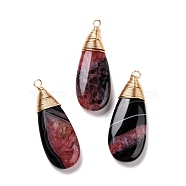 Natural Brazilian Agate Pendants, with Real 18K Gold Plated Tone Brass Wire Wrapped, Dyed & Heated, Teardrop, Indian Red, 45.2x16.8x6.8mm, Hole: 3mm(PALLOY-JF01324-01)