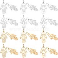 201 Stainless Steel Pendants, Hamsa Hand/Hand of Miriam with Eye, Golden & Stainless Steel Color, 21.5x13x1mm, Hole: 3mm, 2 colors, 6pcs/color, 12pcs/box(STAS-UN0019-48)