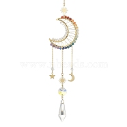 Wire Wrapped Chakra Gemstone & Brass Pendant Decorations, with Glass Charm, For Home Decorations, Moon, 322mm(HJEW-TA00075-01)