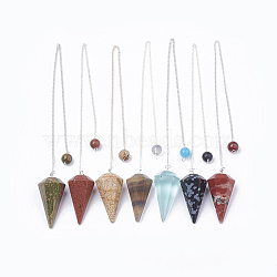 Natural & Synthetic Mixed Stone Hexagonal Pointed Dowsing Pendulums, with Copper Clad Iron Cross Chains, Cone/Spike, Platinum, 255~260mm, Hole: 2mm(G-T097-07)