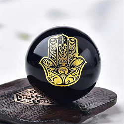 Natural Obsidian Crystal Ball Display Decoration, for Home Living Room Office Desk Decoration, Hamsa Hand/Hand of Miriam Pattern, Black, 40mm(WG92829-01)