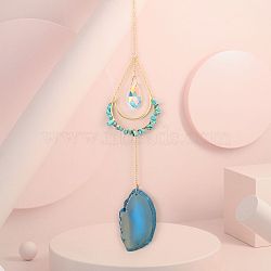 Synthetic Turquoise Chip Wrapped Moon Hanging Ornaments, Glass Teardrop and Agate Slices Tassel Suncatchers for Home Outdoor Decoration, 430mm(PW-WG89822-07)