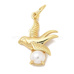 Rack Plating Brass Pendants, with ABS Imitation Pearl, Long-Lasting Plated, Lead Free & Cadmium Free, Real 18K Gold Plated, Bird, 26.5x19.5x5.5mm, Hole: 6mm(KK-K293-21A-G)