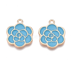 Alloy Enamel Pendants, Light Gold, Lead Free & Cadmium Free, Flower Charm, Deep Sky Blue, 21x17.5x1.5mm, Hole: 1.8mm(ENAM-T020-36C)