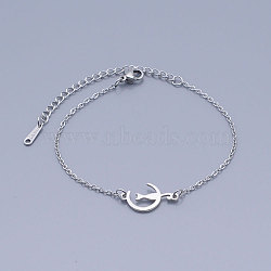 201 Stainless Steel Kitten Link Bracelets, with Lobster Claw Clasps, Crescent Moon with Cat, Stainless Steel Color, 6-3/4 inch~6-7/8 inch(17~17.5cm)(BJEW-T011-JN474-1)