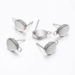 Non-Tarnish 304 Stainless Steel Stud Earring Findings, with Loop, Egg Shape, Stainless Steel Color, Pin: 0.8mm, 12x7x2mm, Hole: 2mm(STAS-I071-18P)