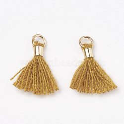 Polycotton(Polyester Cotton) Tassel Pendant Decorations, Mini Tassel, with Brass Findings, Light Gold, Dark Goldenrod, 10~15x3~4mm, Hole: 2mm(FIND-S275-03G)