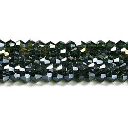 Transparent Electroplate Glass Beads Strands, AB Color Plated, Faceted, Bicone, Dark Green, 4x4mm, Hole: 0.8mm, about 87~98pcs/strand, 12.76~14.61 inch(32.4~37.1cm)(GLAA-F029-4mm-A25)