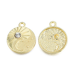 Rack Plating Alloy Pendants, with Crystal Rhinestone, Flat Round with Moon & Sun, Cadmium Free & Nickel Free & Lead Free, Light Gold, 21.5x18x3.5mm, Hole: 2mm(PALLOY-T077-188)