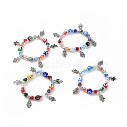 Random Color Lampwork Evil Eye & Glass Beaded Stretch Bracelet with Alloy Hamsa Hand Charm for Women, Colorful, 7-1/2 inch(19cm)(RELI-PW0001-036G)