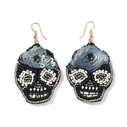 Halloween Skull Glass Seed Braided Big Dangle Earrings, 316 Stainless Steel Wraped Jewelry for Women, Black, 70mm, Pin: 0.6mm(EJEW-B011-06A)