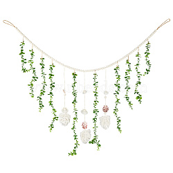 Cotton & Wooden Beads Pendant Decorations, with Shell, for Home Wall Hanging Decorations, Green, 1410x540mm(HJEW-WH20004-14A)