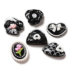 Opaque Resin Decoden Cabochons, Flower & Lady & Hat, Mixed Shapes, Black, 19~27x22~30x8~9.5mm(RESI-Z022-03B)