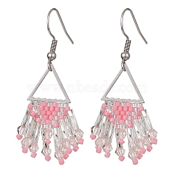 Glass Seed Beaded Tassel Dangle Earring, 304 Stainless Steel Triangle Earrings, Pink, 46~48x26~29mm(EJEW-MZ00117)