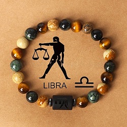 Twelve Constellations Natural Tiger Eye & Picture Jasper & Rhyolite Jasper Round & Column Beaded Stretch Bracelets for Women Men, with Gift Card, Libra, 2-3/8 inch(6cm)(WG6FA5D-09)