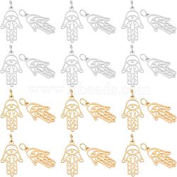 201 Stainless Steel Pendants, Hamsa Hand/Hand of Miriam with Eye, Golden & Stainless Steel Color, 21.5x13x1mm, Hole: 3mm, 2 colors, 6pcs/color, 12pcs/box(STAS-UN0019-48)