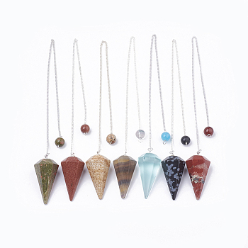 Natural & Synthetic Mixed Stone Hexagonal Pointed Dowsing Pendulums, with Copper Clad Iron Cross Chains, Cone/Spike, Platinum, 255~260mm, Hole: 2mm