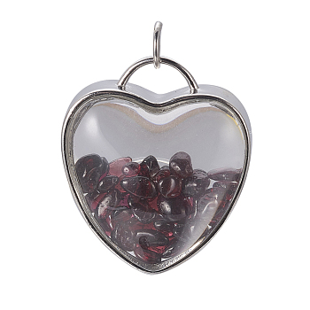 Natural Garnet Chips Pendants, with Platinum Tone Brass Glass Findings, Heart, 37x32x18~18.5mm, Hole: 6mm