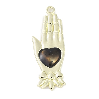 Rack Plating Alloy Enamel Pendants, Cadmium Free & Nickel Free & Lead Free, Palm with Heart Charm, Golden, 37.5x13x2.5mm, Hole: 1.8mm