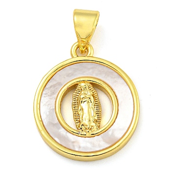 Real 18K Gold Plated Brass Pendants with Shell, Religion, Flat Round, 17.5x15x2.5mm, Hole: 3x5.5mm