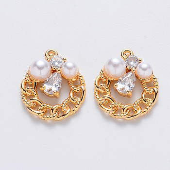 Brass Cubic Zirconia Pendants, with ABS Plastic Imitation Pearl, Nickel Free, Flat Round, Real 18K Gold Plated, 18x15x6mm, Hole: 1.2mm