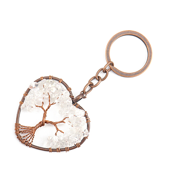 Natural Quartz Crystal Pendant Keychains, with Brass Findings and Alloy Key Rings, Heart with Tree of Life, 10.7cm